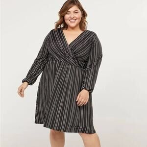Lane Bryant Black & White Striped Faux-Wrap Midi Dress - Size 18- Plus Size